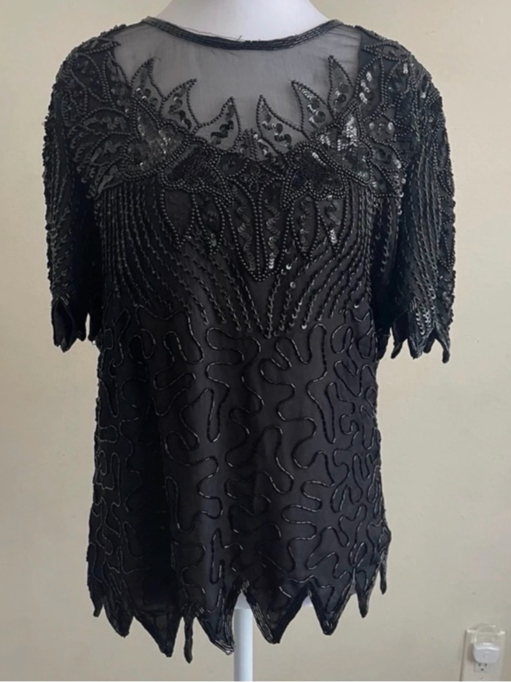 Vintage 80s Denise Elle 100% Silk Beaded Sequin Top Art Deco Sharkbite Hem Small
